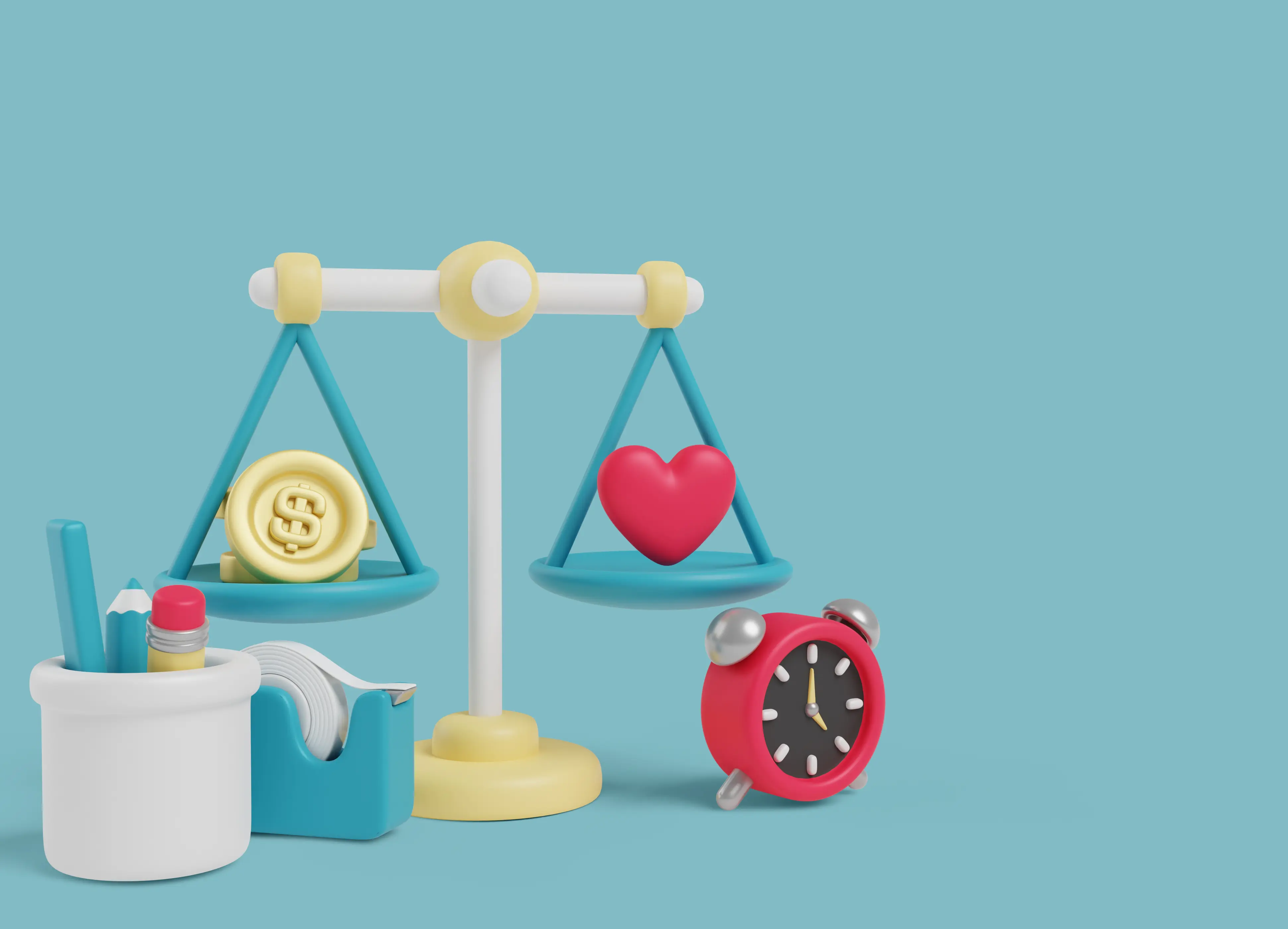 Весы взвешивают деньги канцелярию и сердце часы